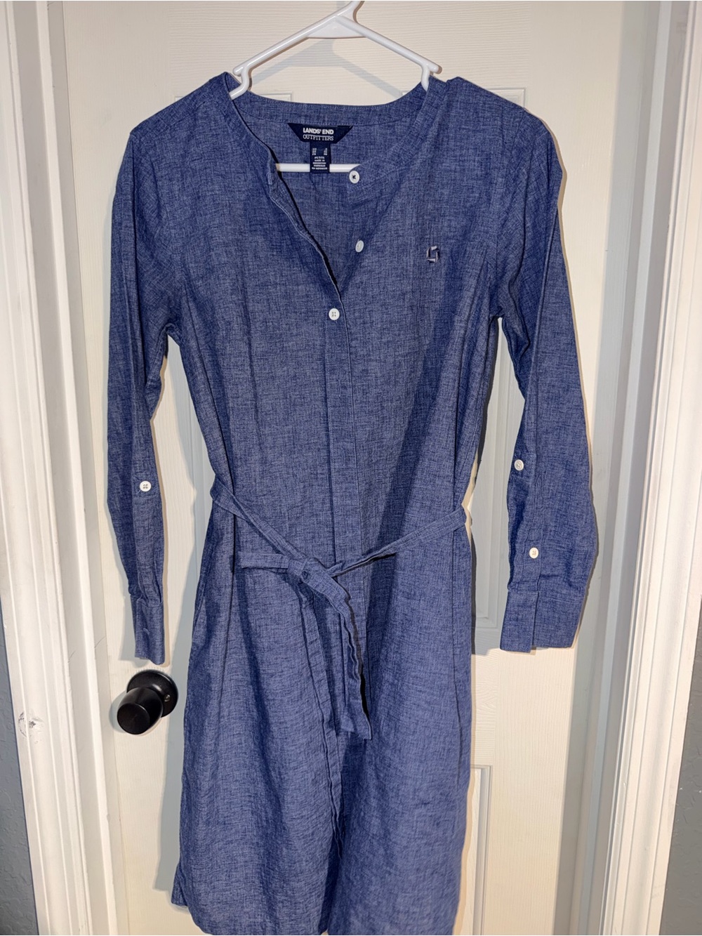 Lands' End Navy Chambray Long-Sleeve Shirt Dress with Tie